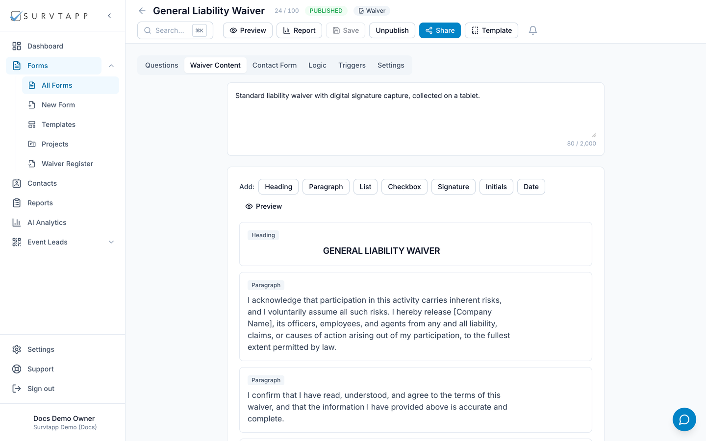 The Survtapp drag-and-drop form builder editing a waiver form