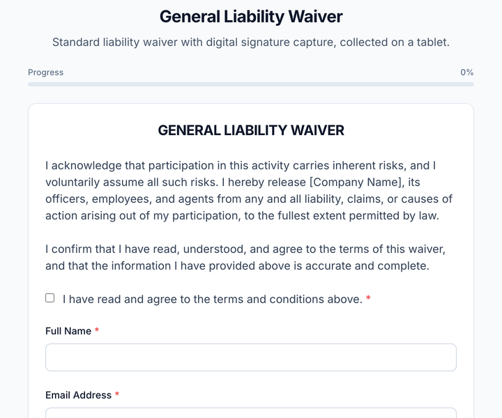 An iPad locked in Survtapp kiosk mode showing a liability waiver form